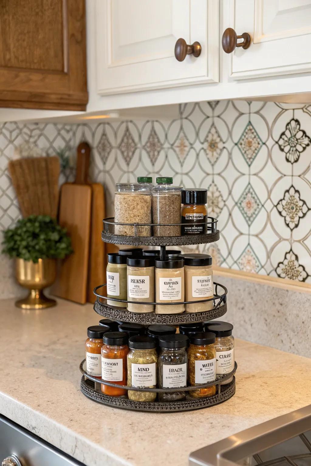 Tiered racks for a refined and organized countertop.
