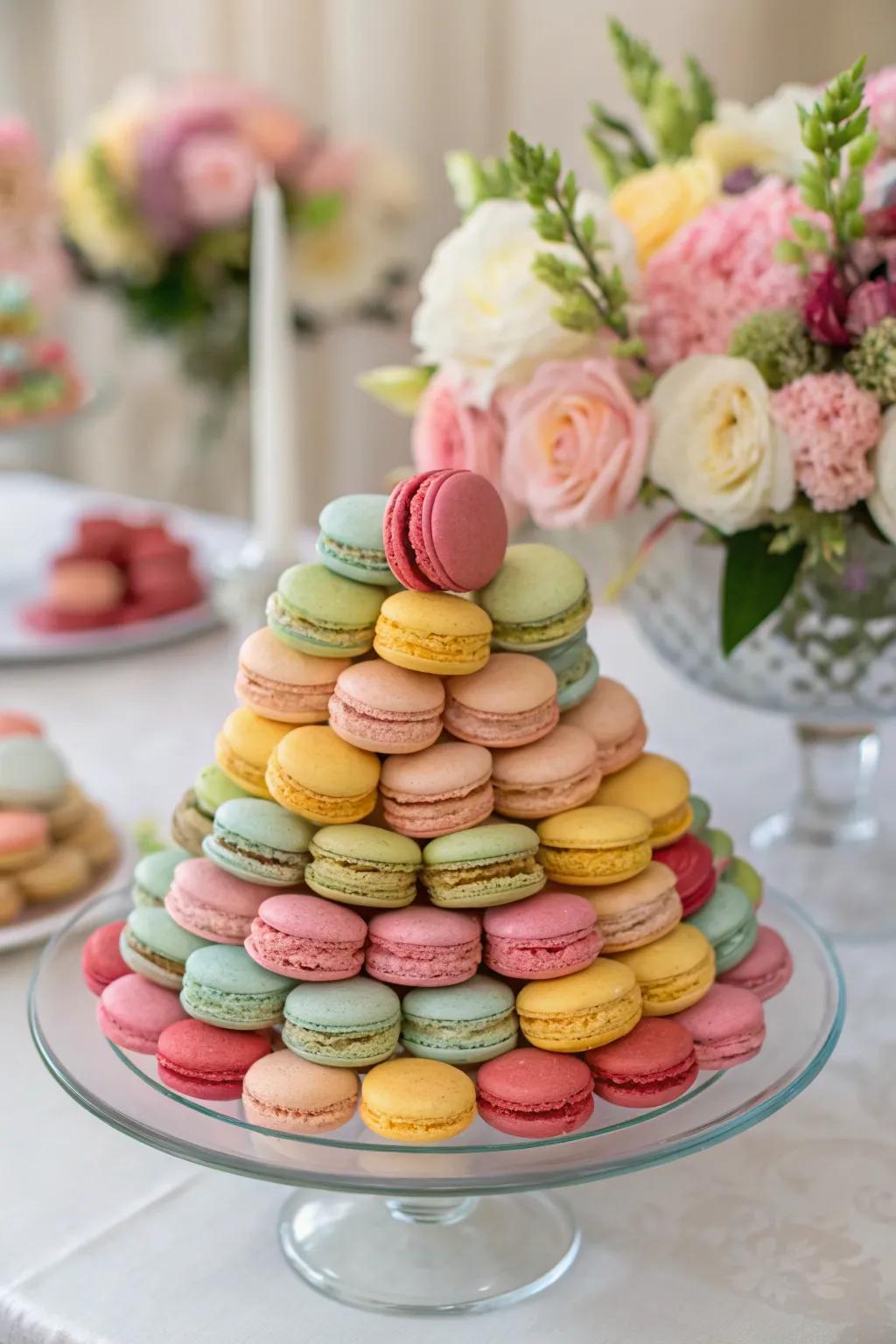A refined macaron pyramid adding a touch of sophistication to the dessert selection.