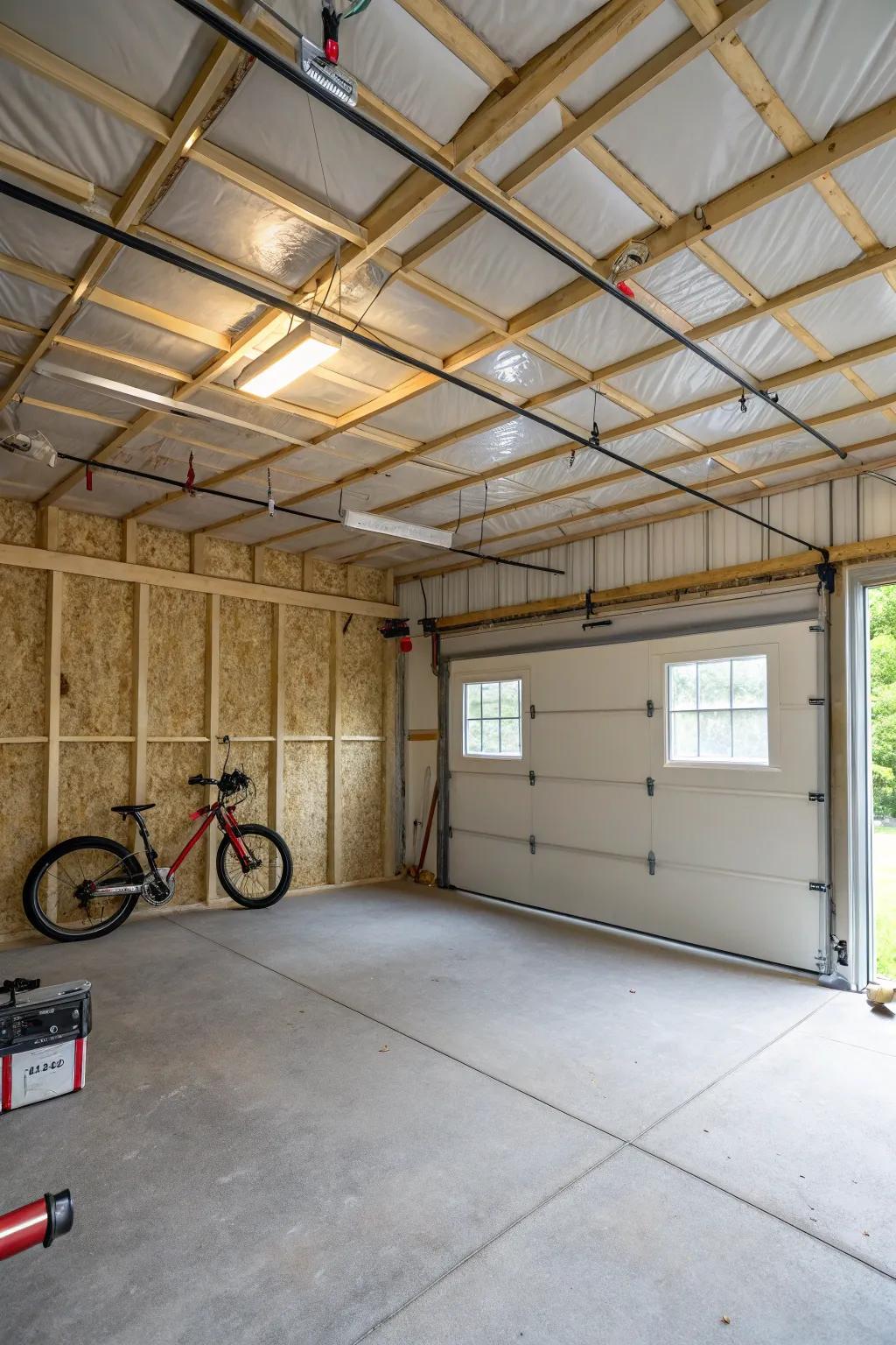 Insulation maintains a comfortable garage climate.