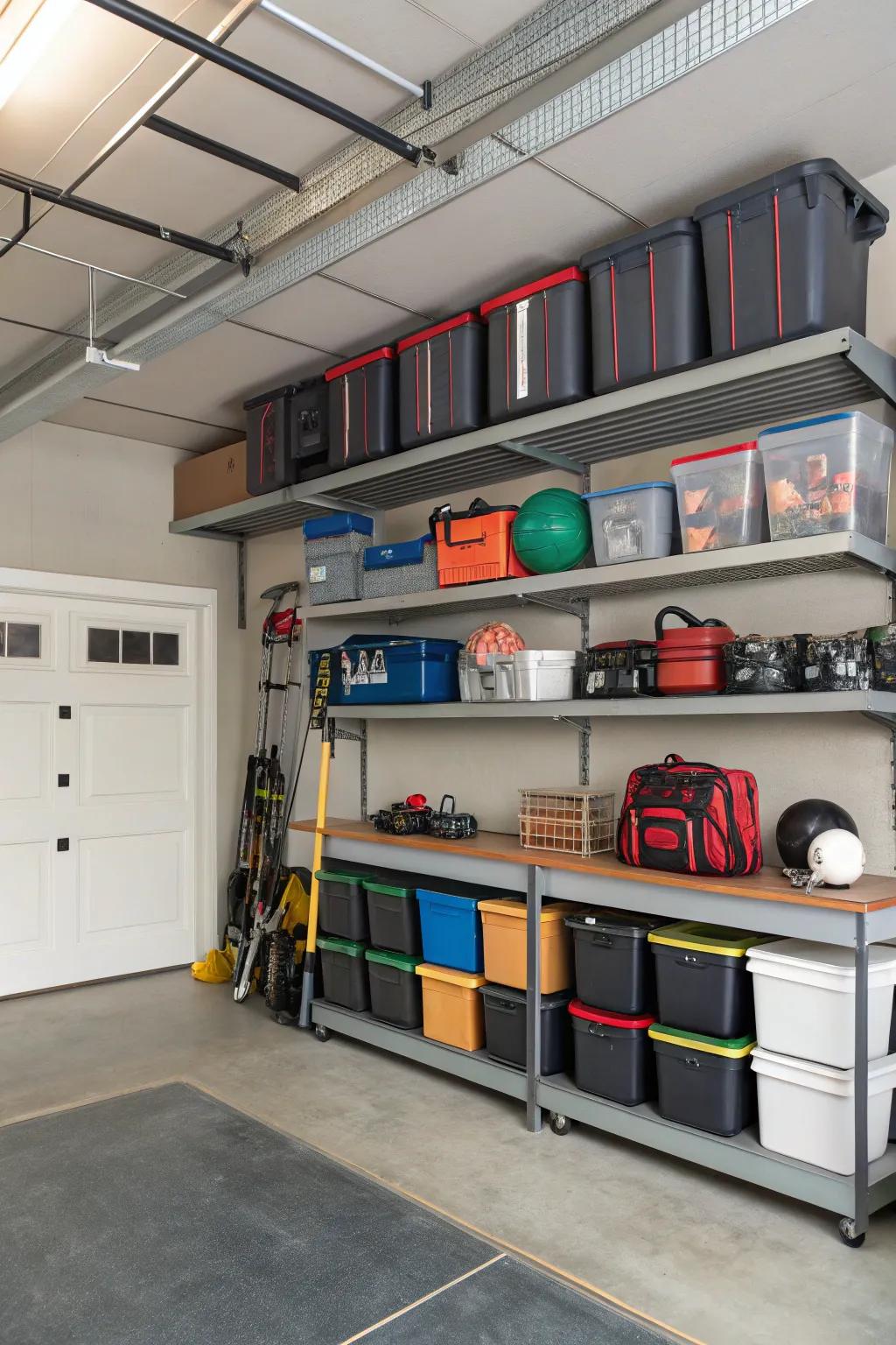 Overhead racks maximize storage capacity.