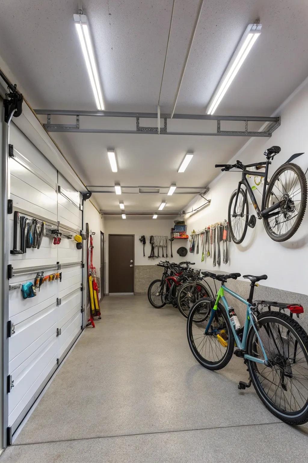 Effective lighting enhances garage usability.