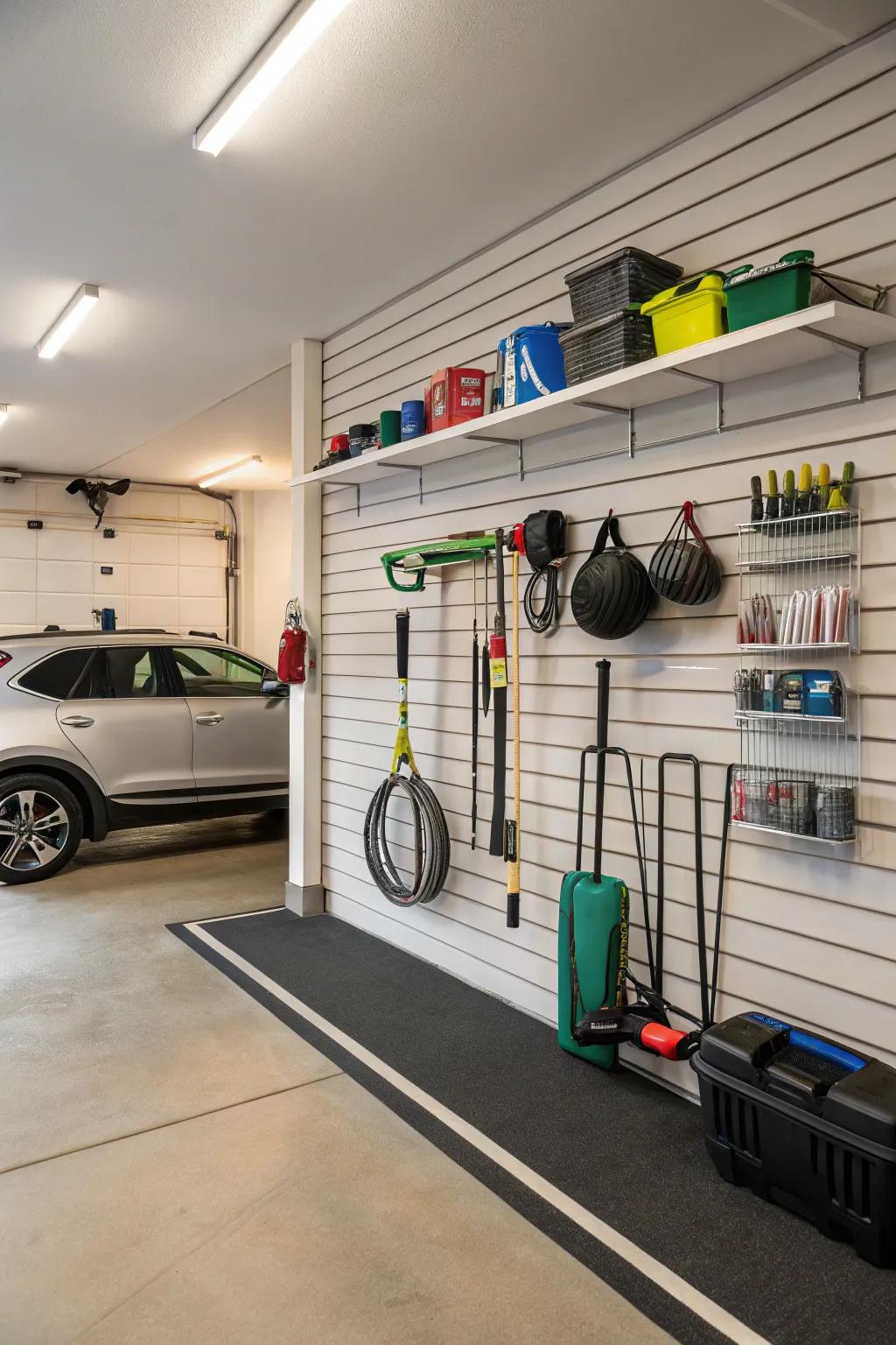 Wall storage keeps tools organized and accessible.