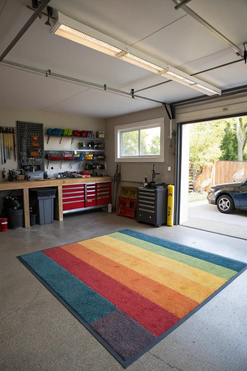 A colorful rug adds warmth and defines zones.