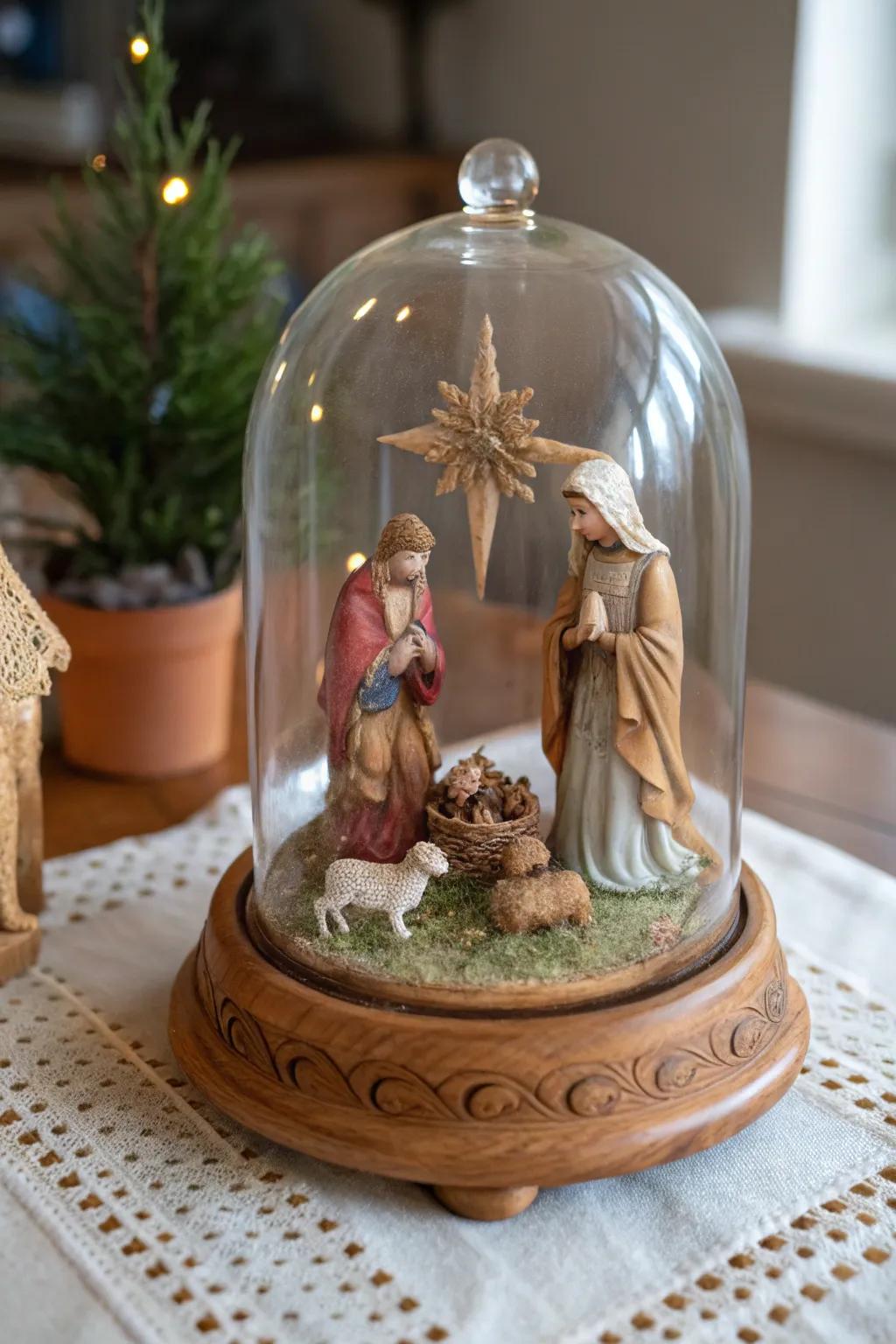 An elegant crystal dome elevates the nativity scene.