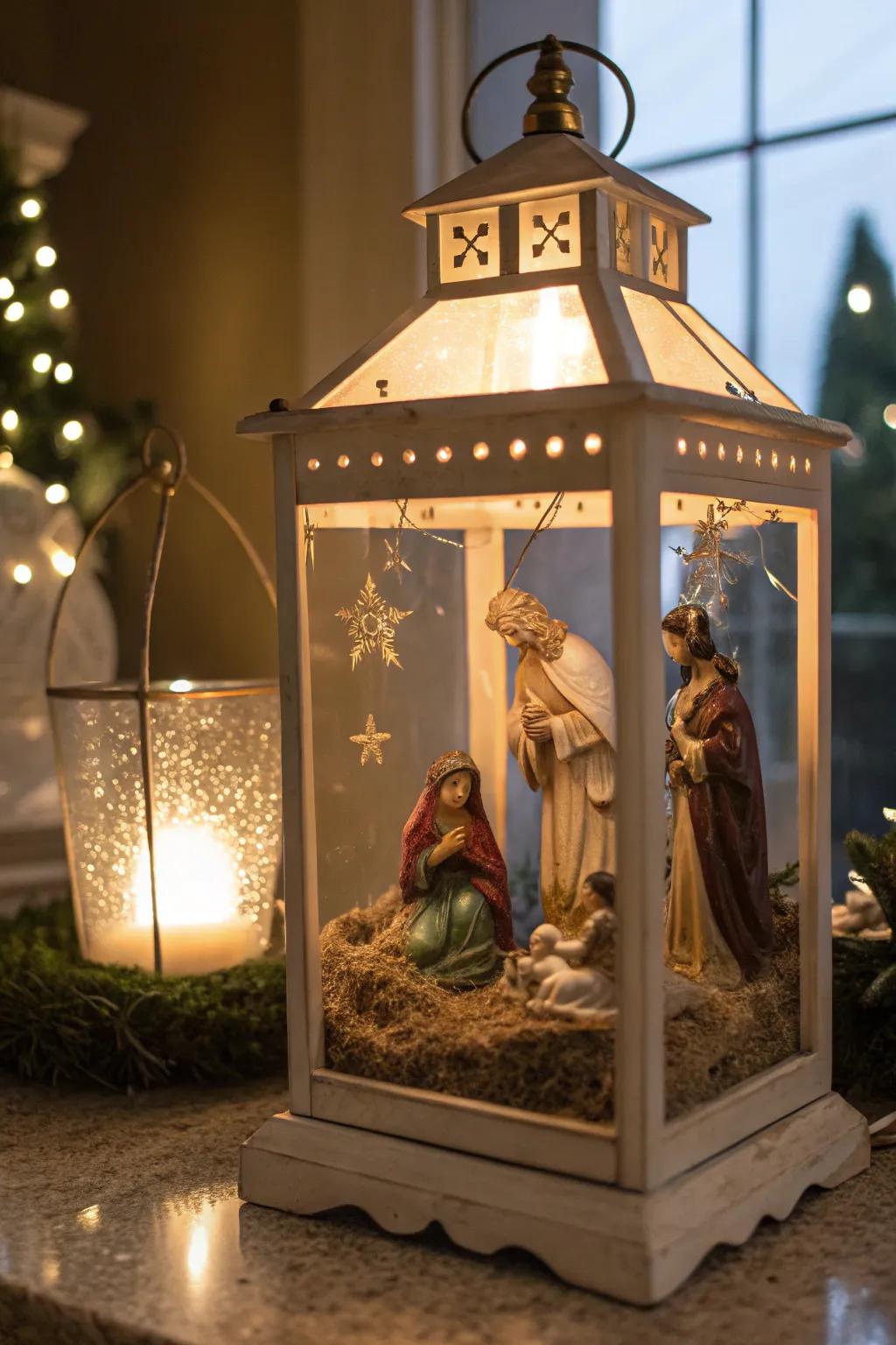 A comforting nativity scene within a decorative beacon.