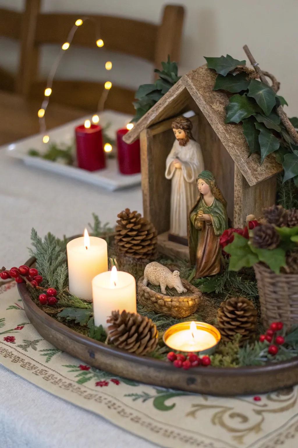 A chic nativity display on a decorative salver.