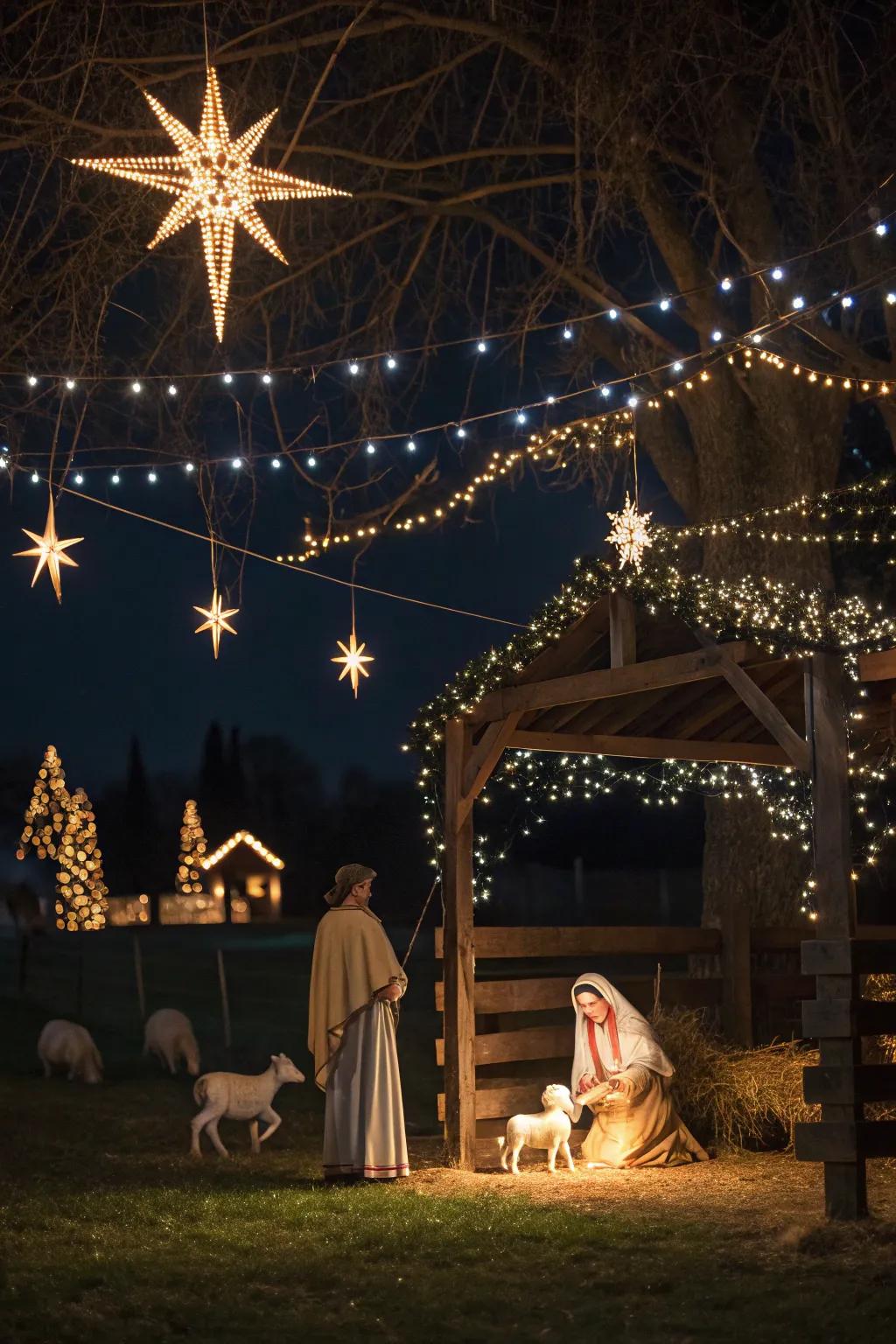 Twinkling lights simulate a starry night over the nativity scene.