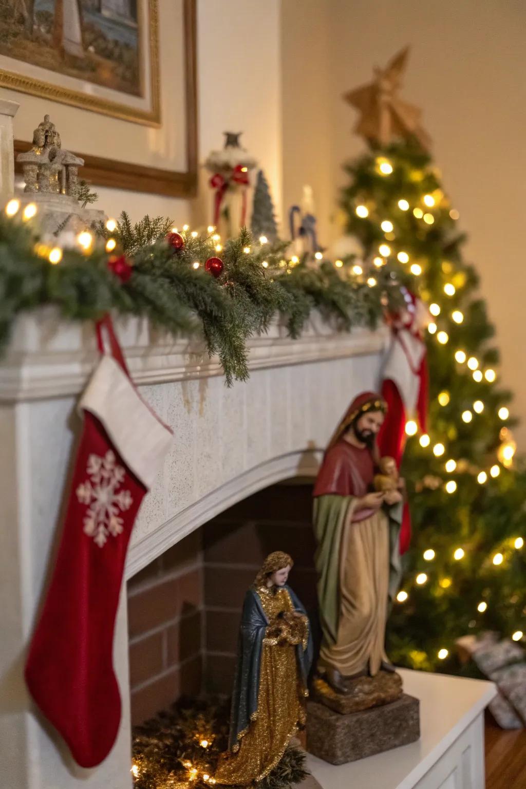 A nativity scene attractively displayed on a festive fireplace mantel.