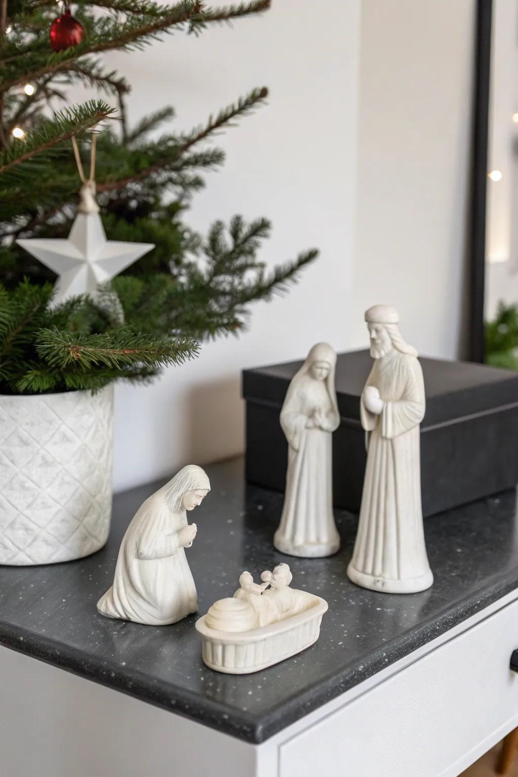A minimalist arrangement accentuates the elegance and simplicity of the nativity.