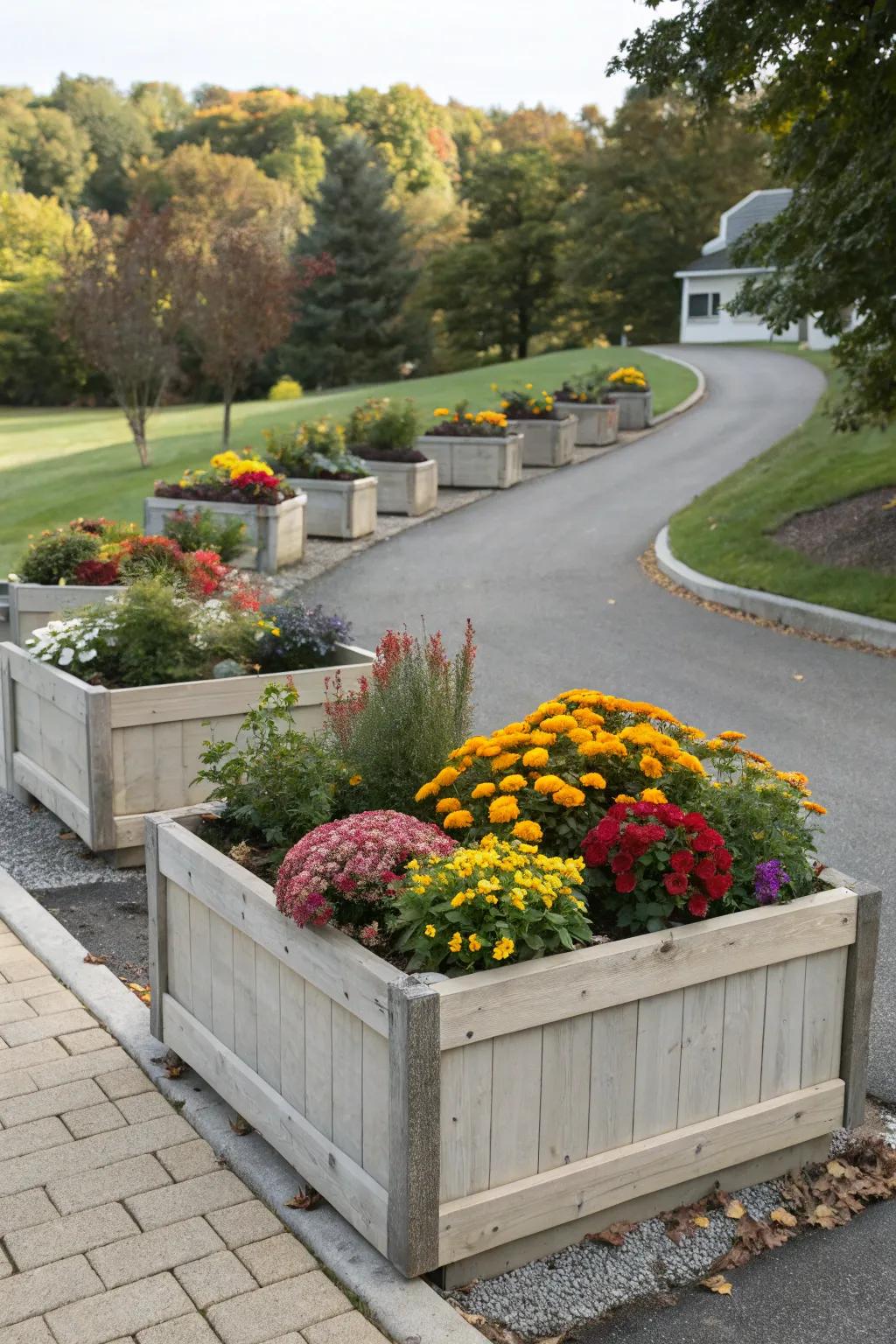 Raised planters add dimension and seasonal vibrancy.