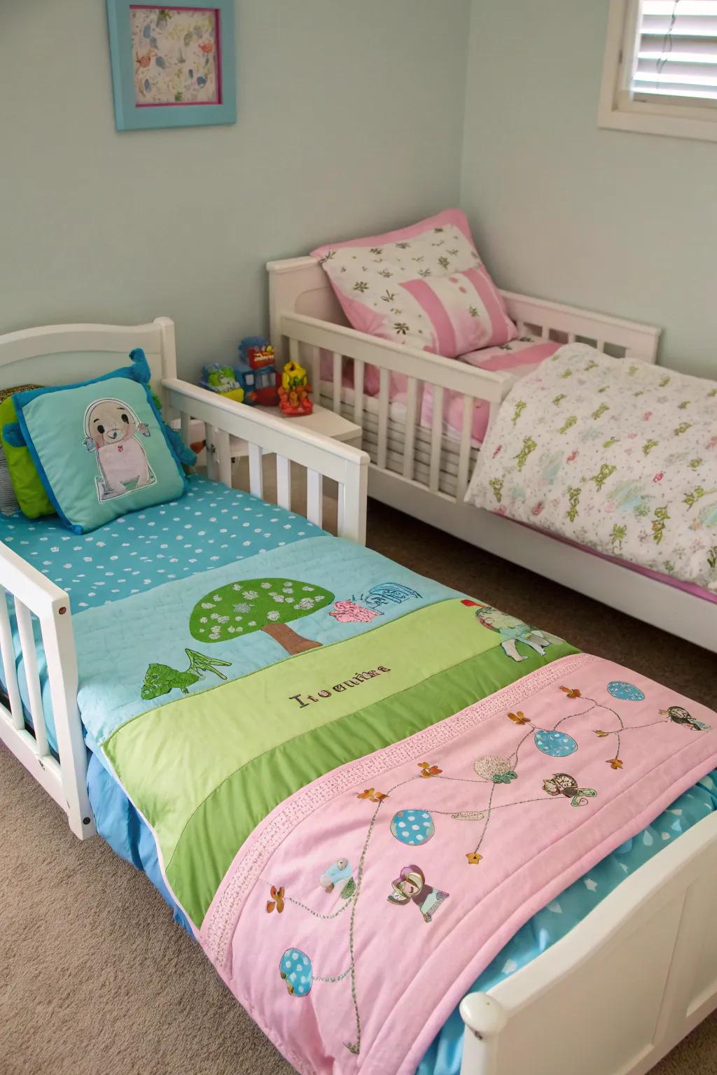 Bespoke bedding adds a unique touch to the shared nursery.