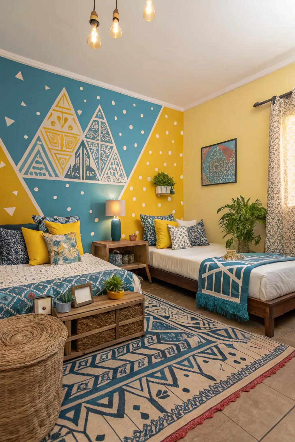 A lively accent wall energizes the shared room’s atmosphere.