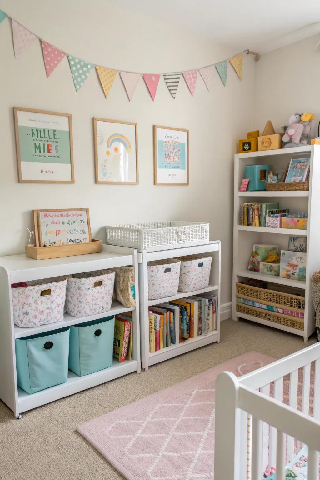 Organized storage keeps the shared room tidy and functional.