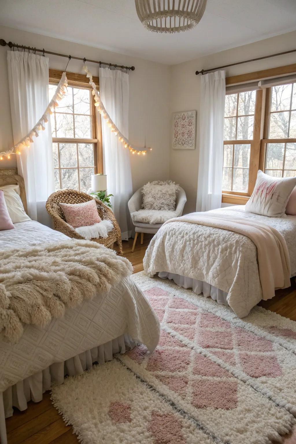 Soft textiles add warmth and a cozy feel to the shared nursery.