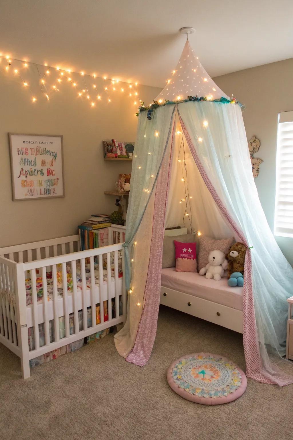 A canopy adds a magical and cozy atmosphere to the shared room.
