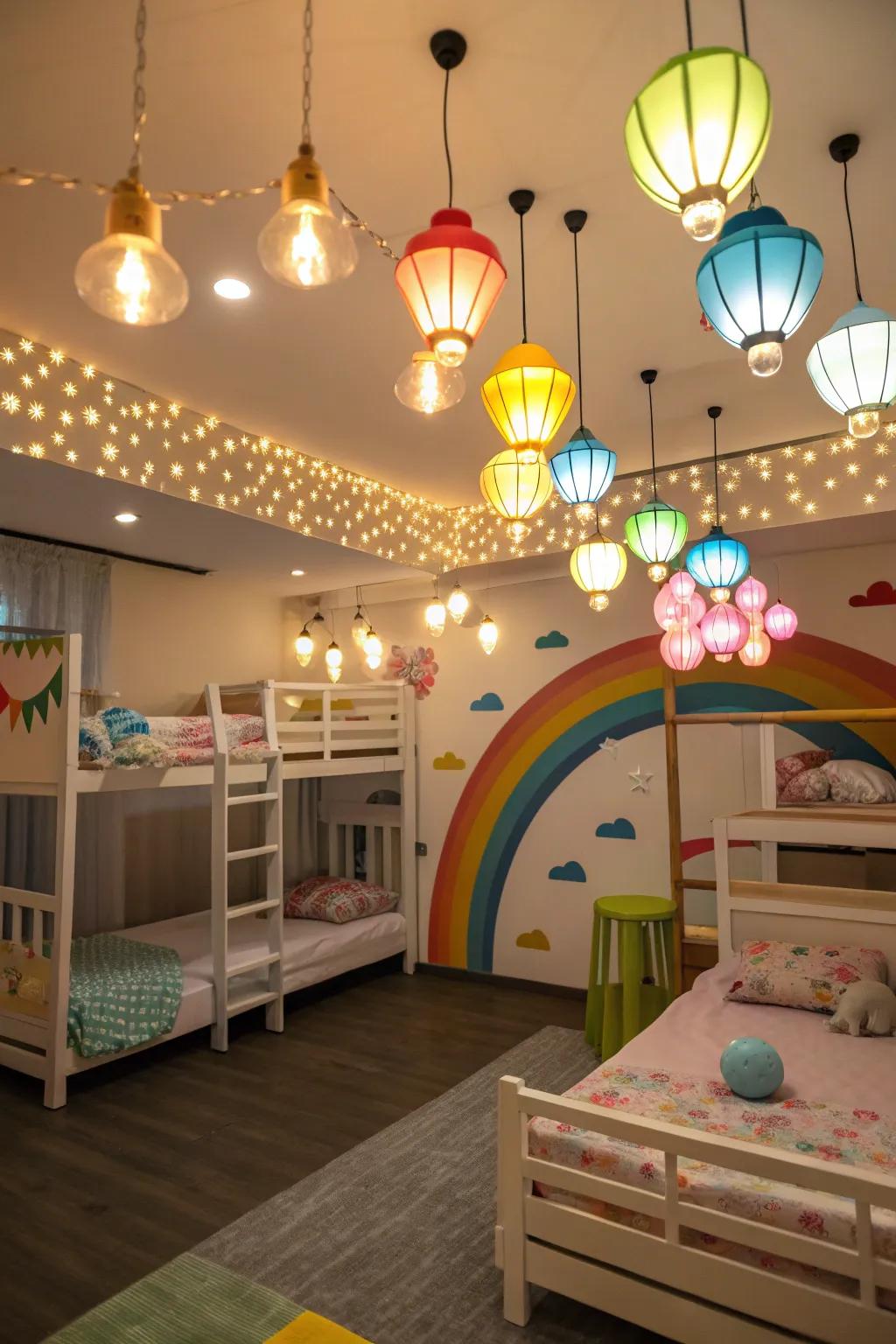 Creative lighting options brighten and enliven the shared nursery.