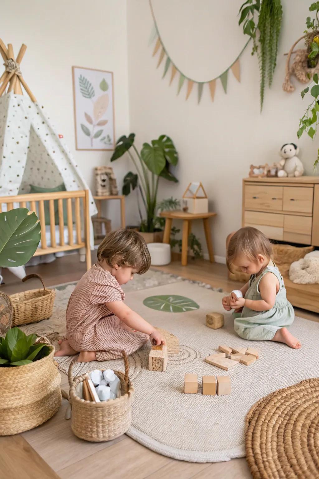 Natural accents create a calming atmosphere in the shared nursery.