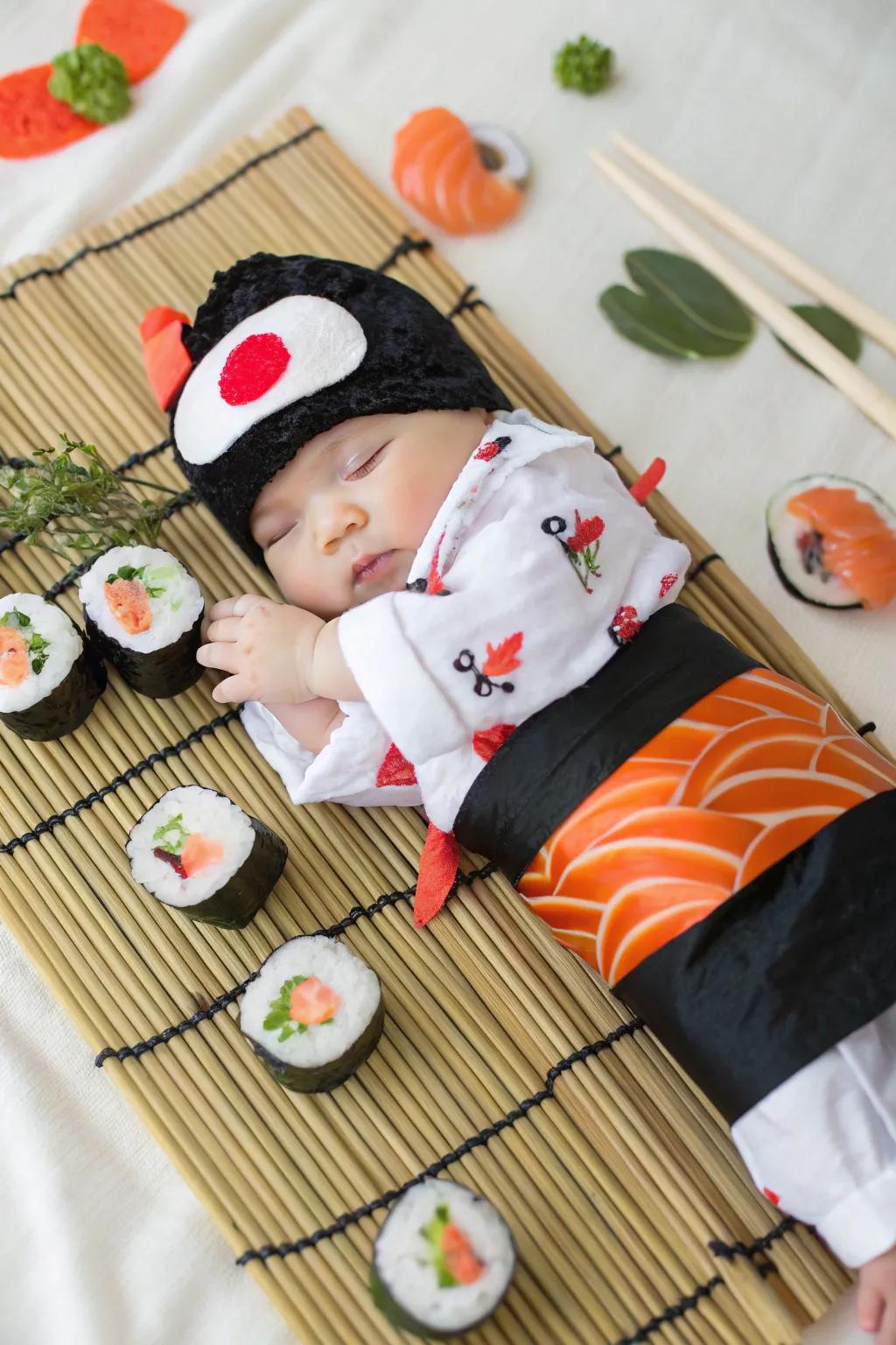 A baby dressed as a sushi roll, irresistibly cute.