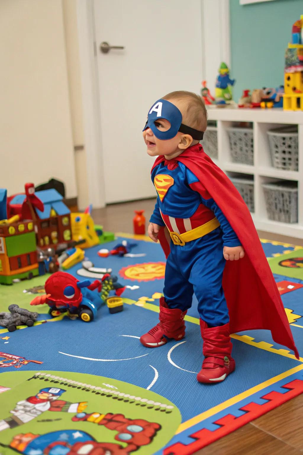 A tiny superhero ready to save the day this Halloween.