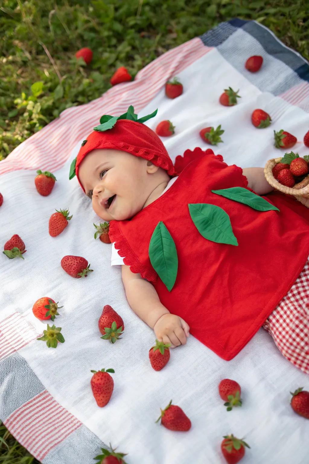 A baby dressed as a sweet strawberry for Halloween.