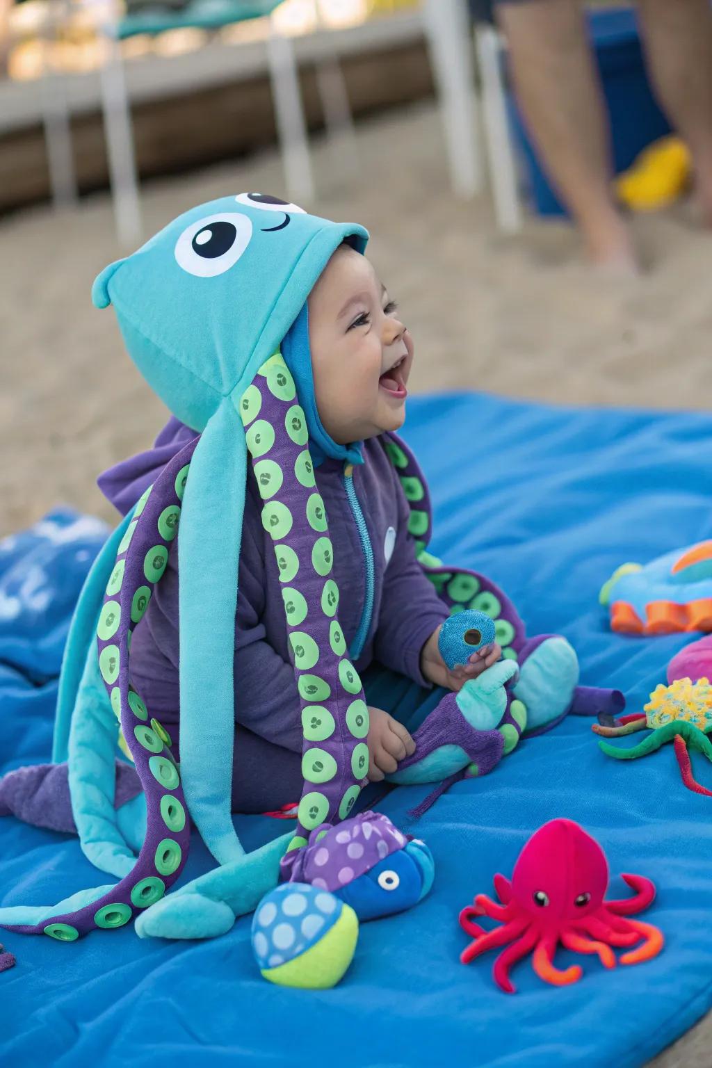 A baby dressed as a lively octopus for Halloween.
