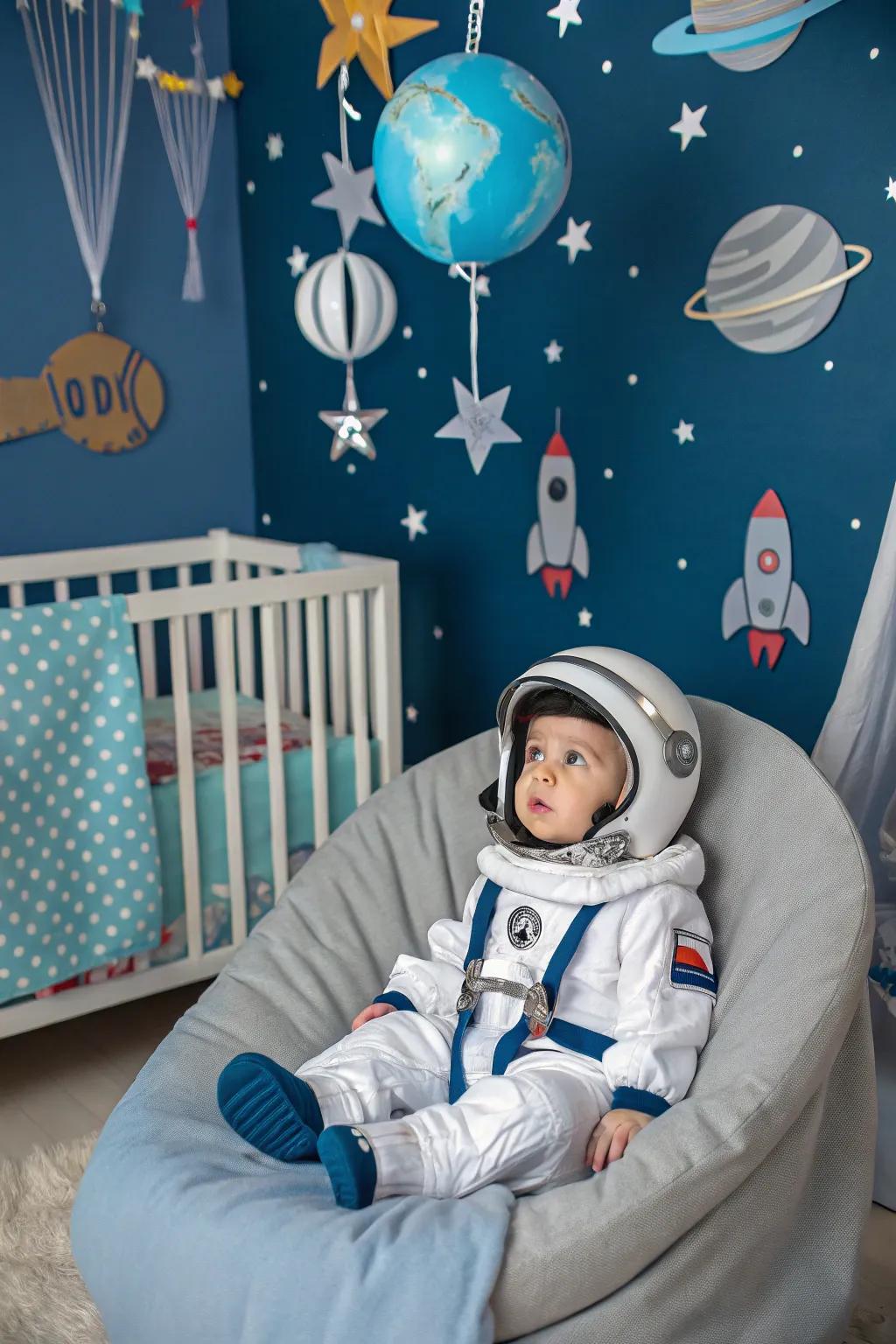 A baby astronaut ready for a space adventure.