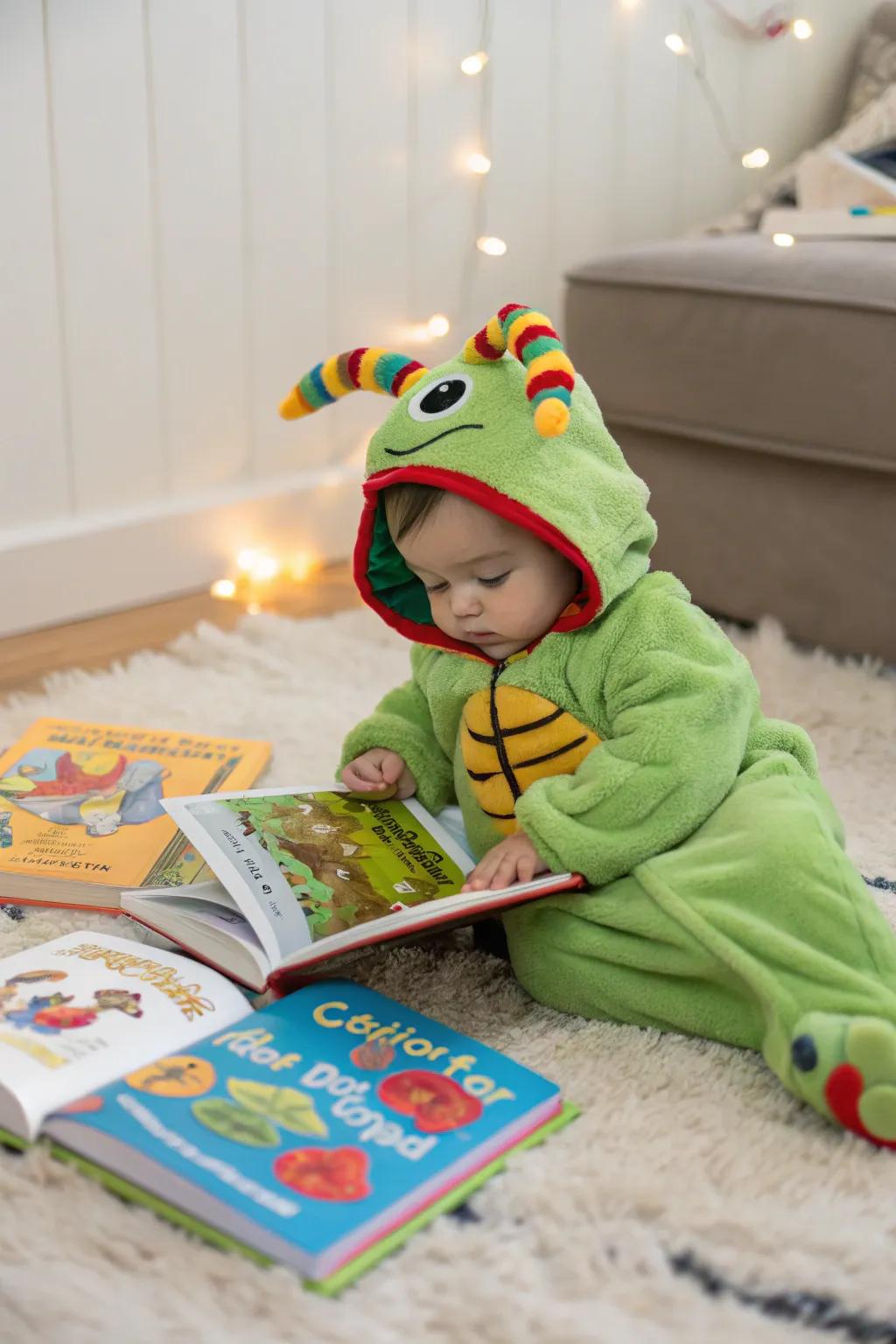 A baby dressed as a bookworm, ready for storytime.