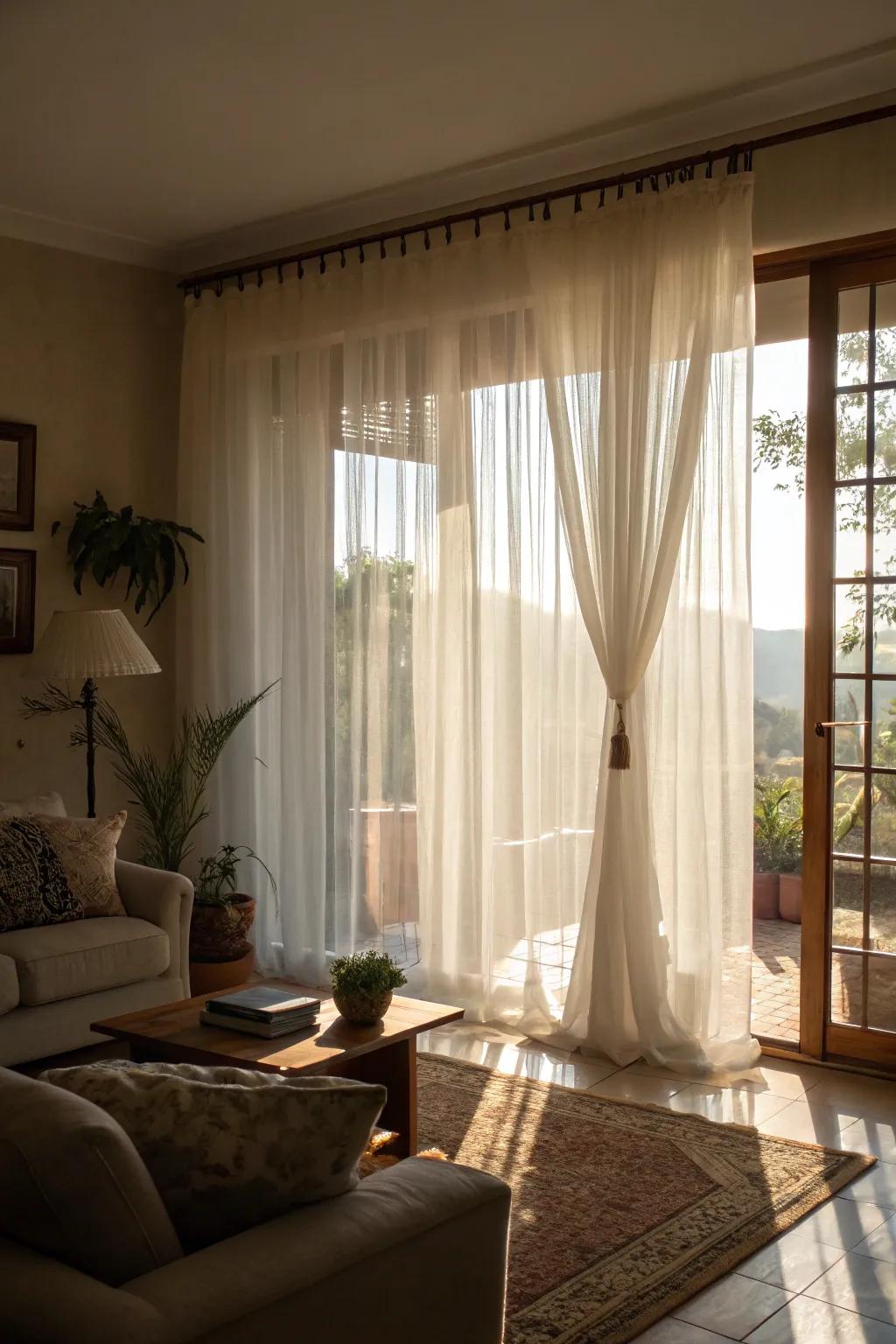Sheer curtains brighten rooms with soft sunlight.