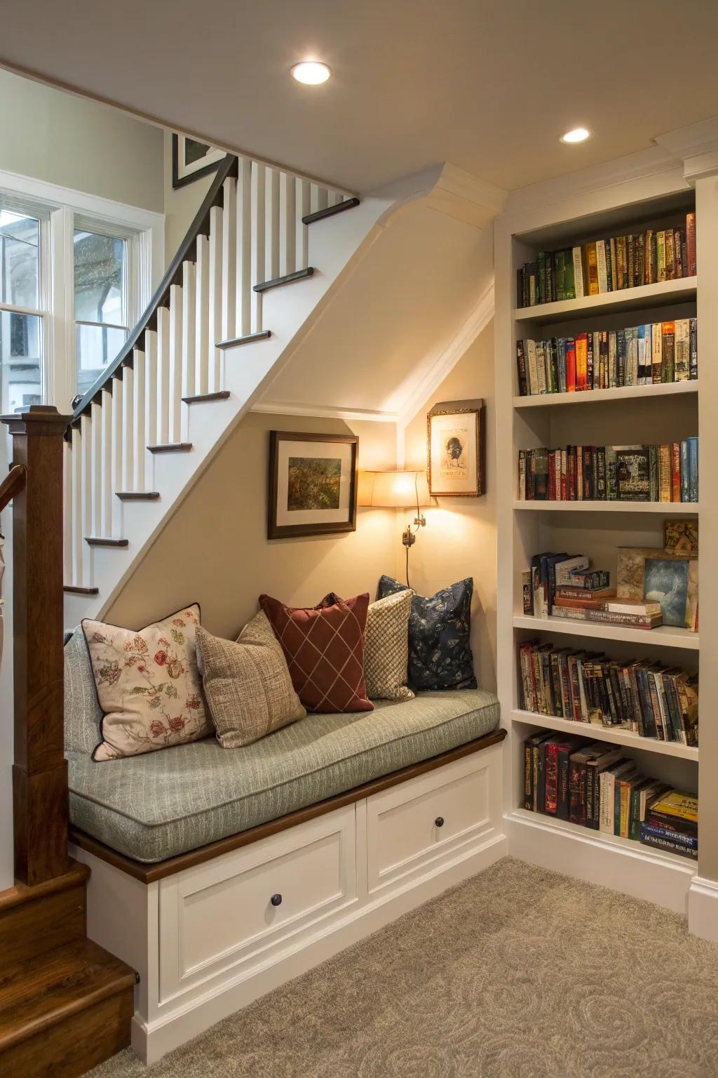 A snug reading nook nestled under the stairs, ideal for quiet moments.