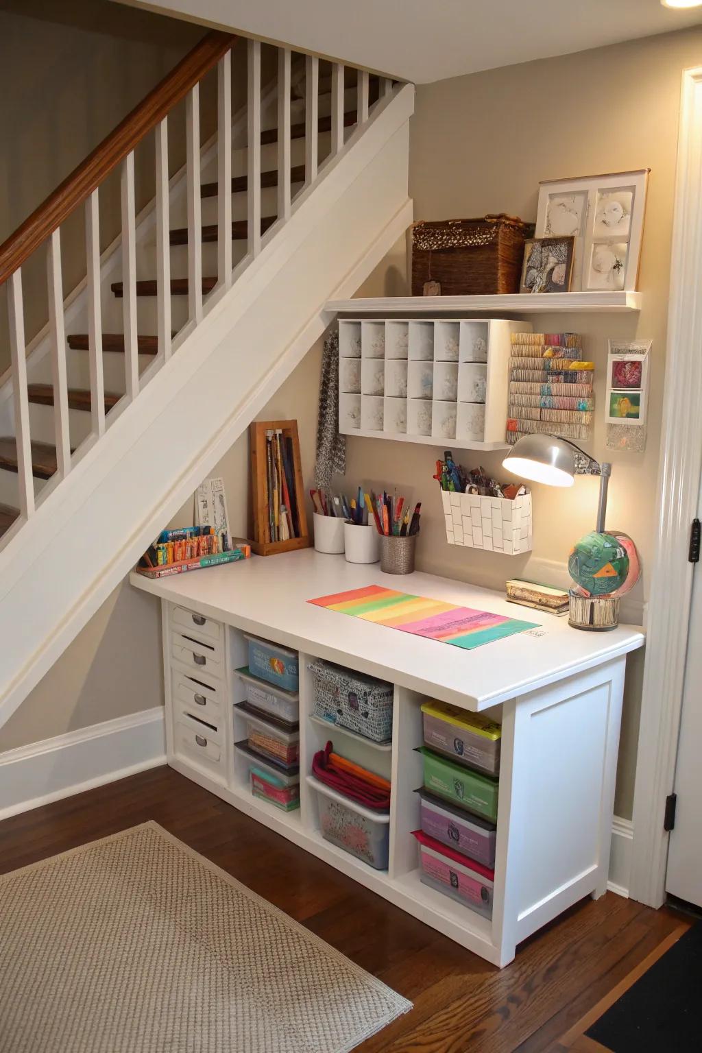 Compact craft station under the stairs inspiring creativity.