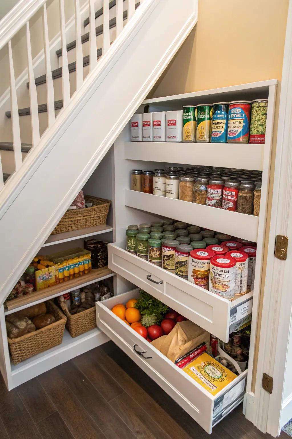 Discreet pantry tucked under the stairs for kitchen storage.