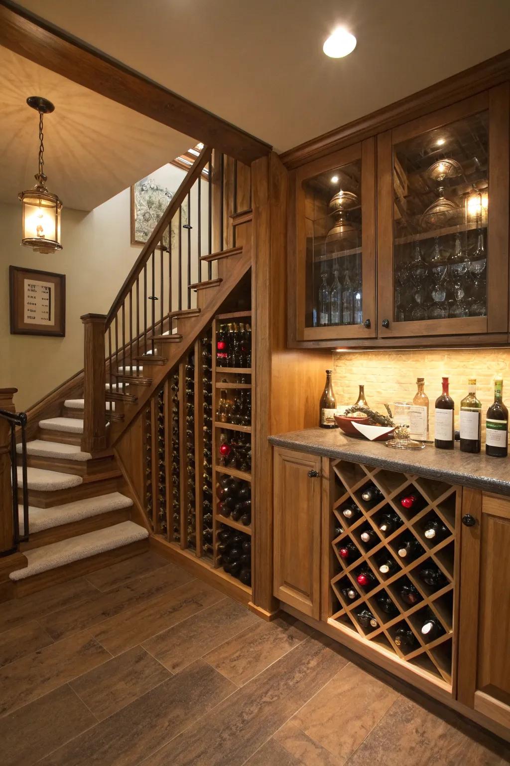 Sophisticated wine rack installed under the staircase for enthusiasts.