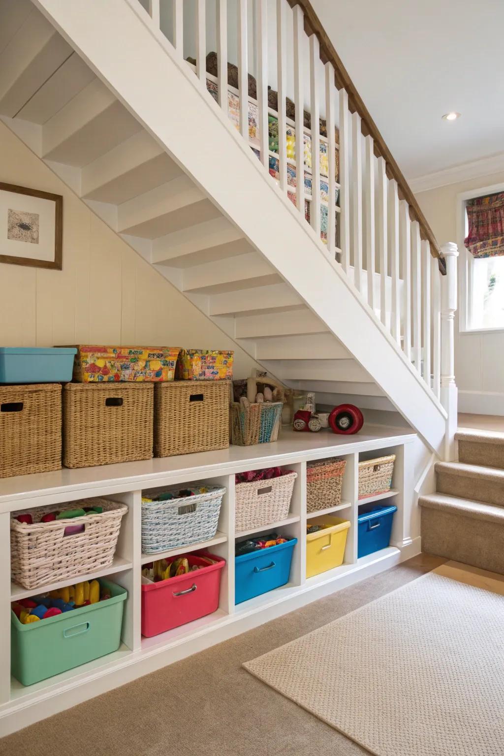 Neatly arranged toy storage under the stairs to reduce mess.