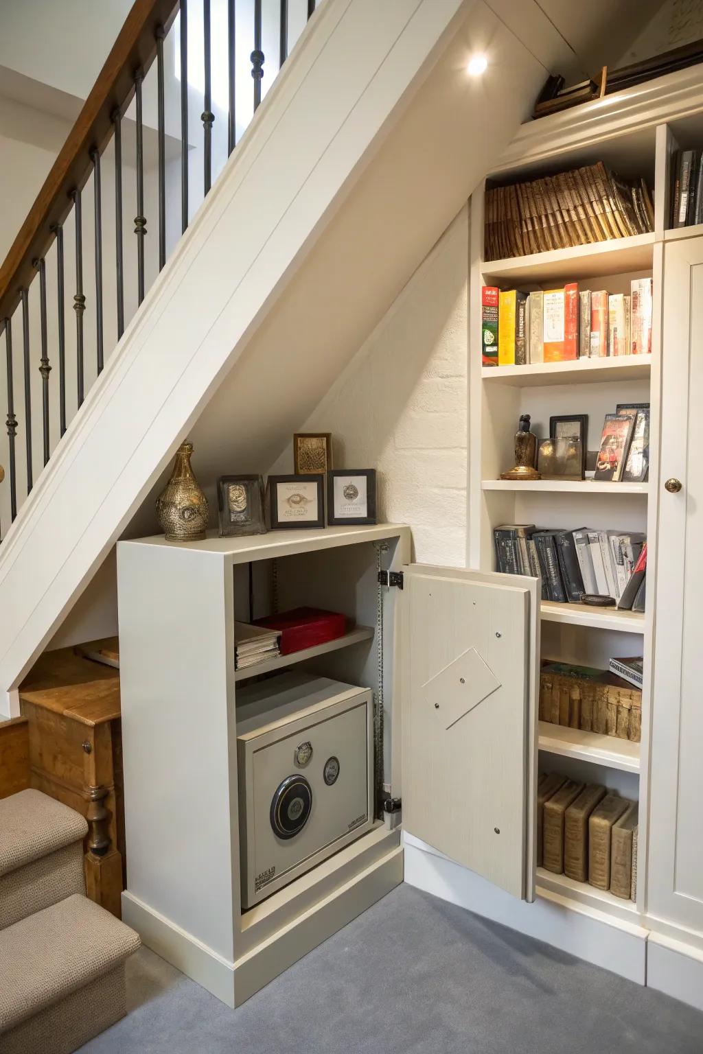 Discreet safe storage area beneath the staircase for valuables.