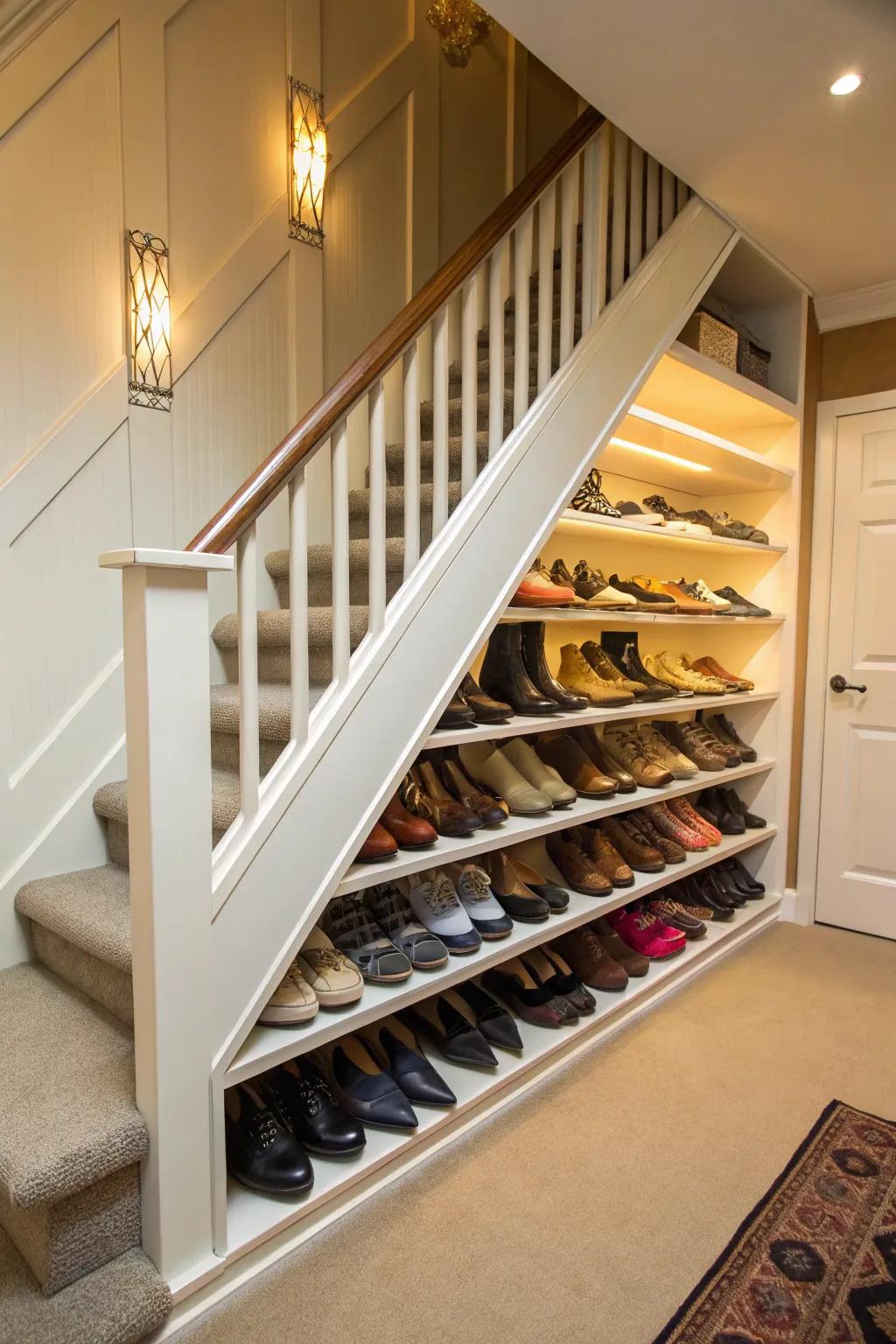 Custom shoe shelving designed to optimize space under the stairs.