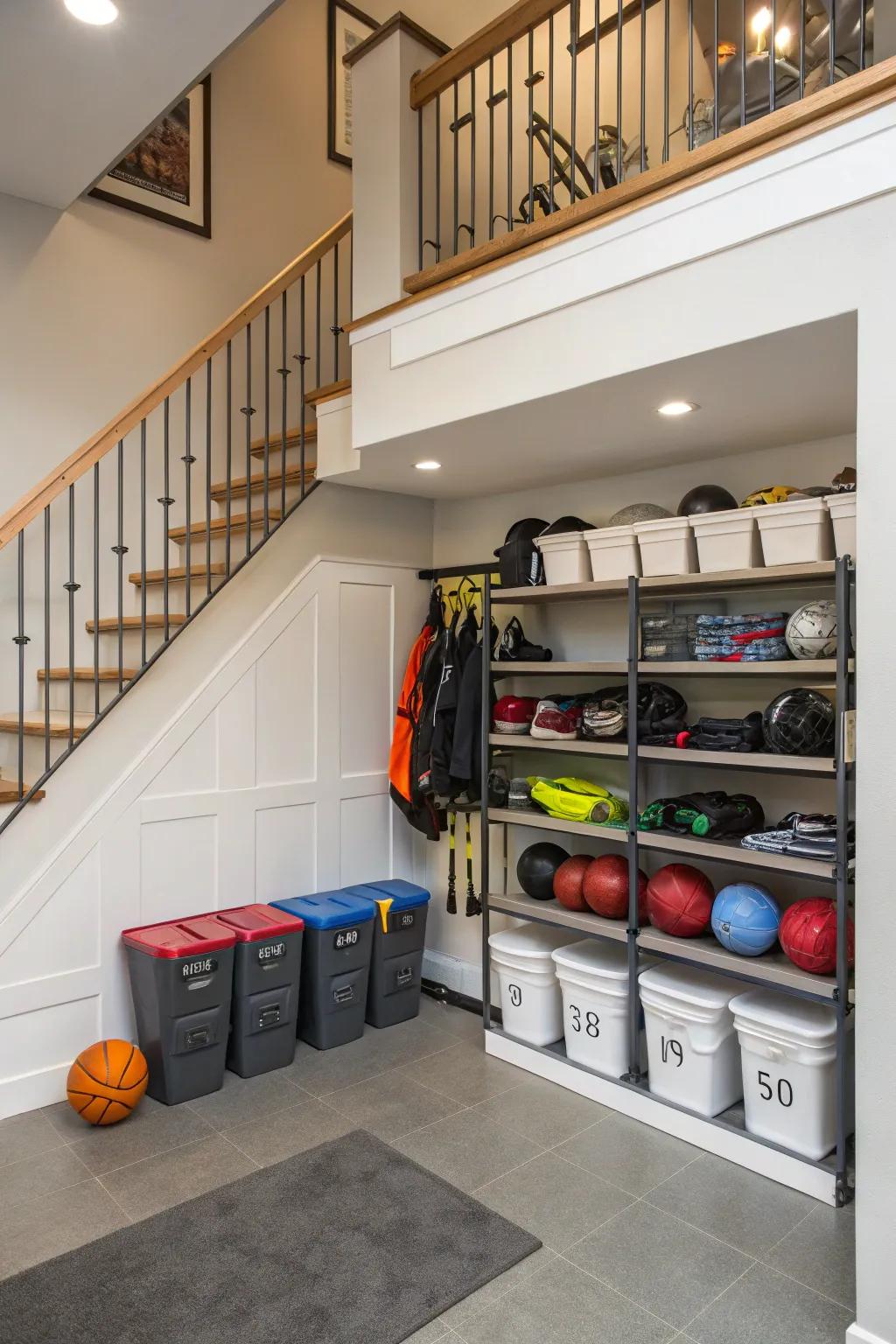 Athletic gear neatly stored under the stairs for easy access.