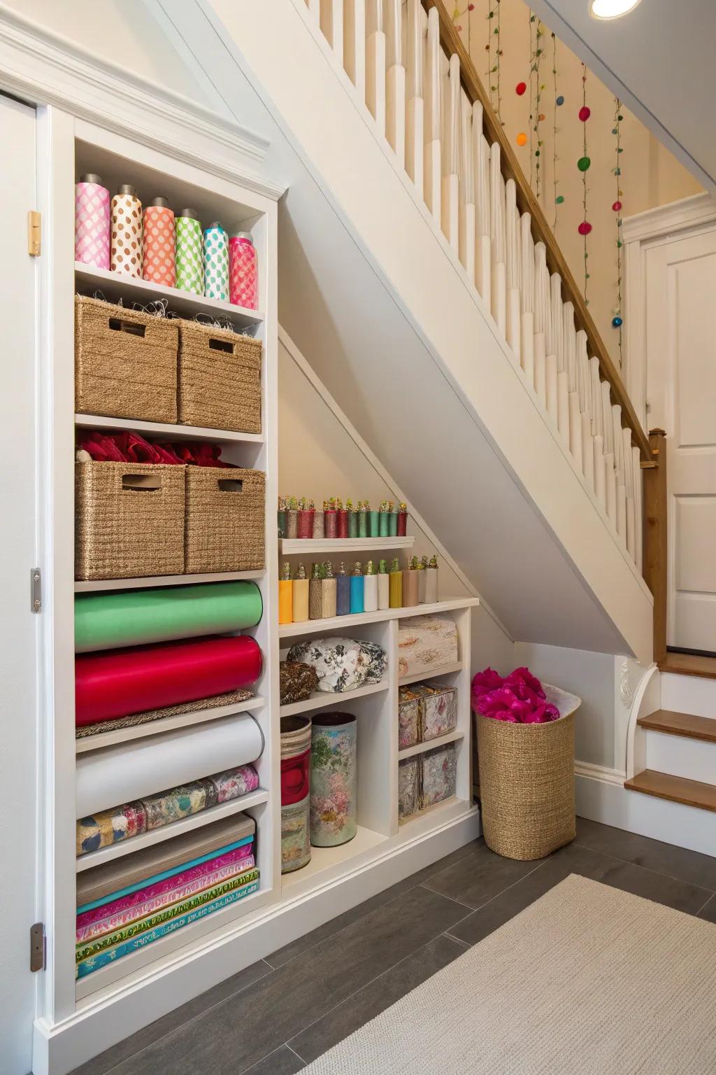 Organized gift wrapping station under the staircase.