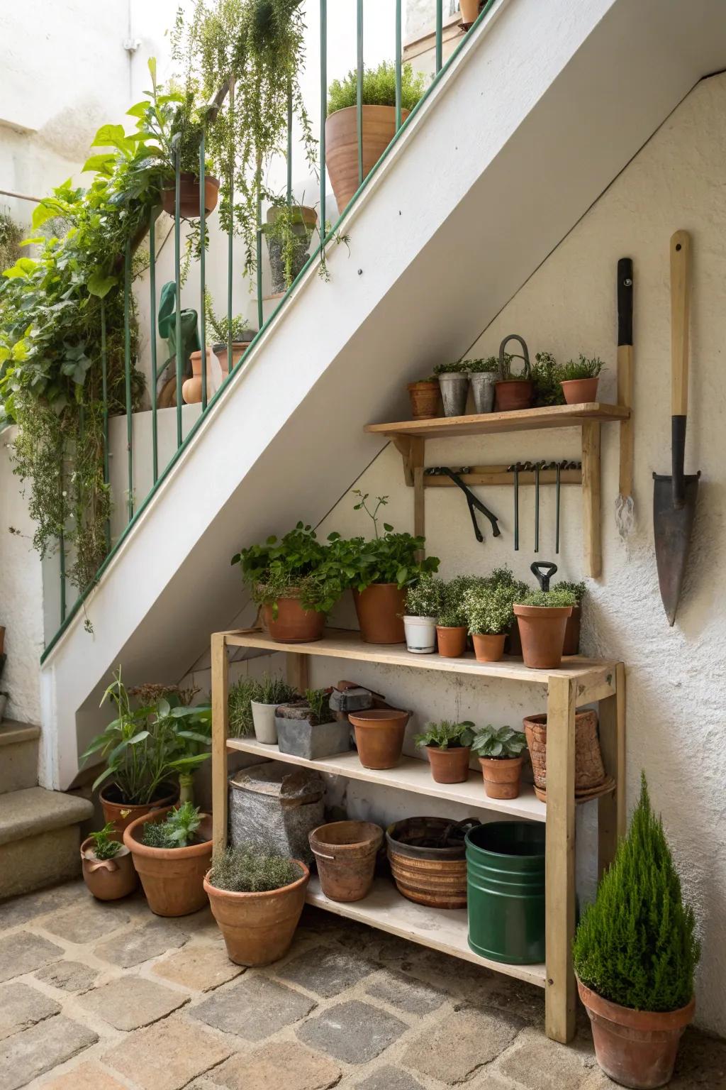 Gardening supplies neatly arranged in a corner under the stairs.