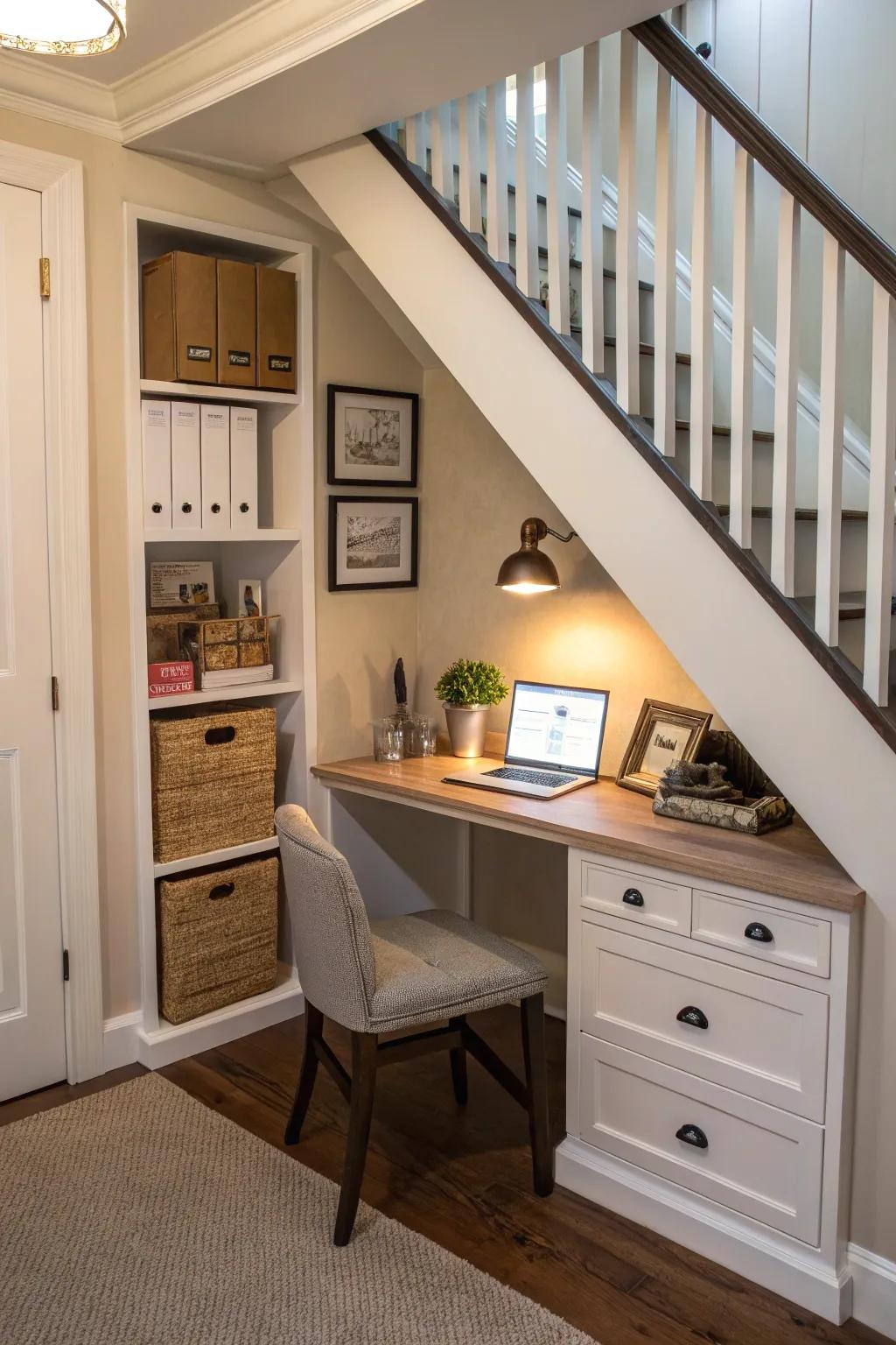 A small, efficient home office tucked under the staircase.
