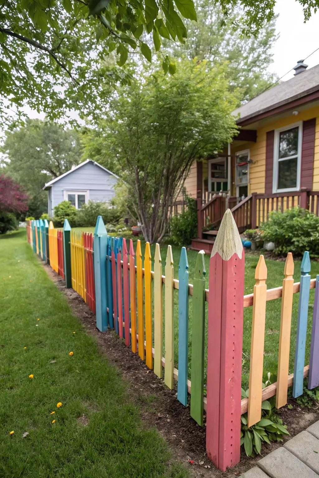 A colorful fence designed to look like a row of crayons.