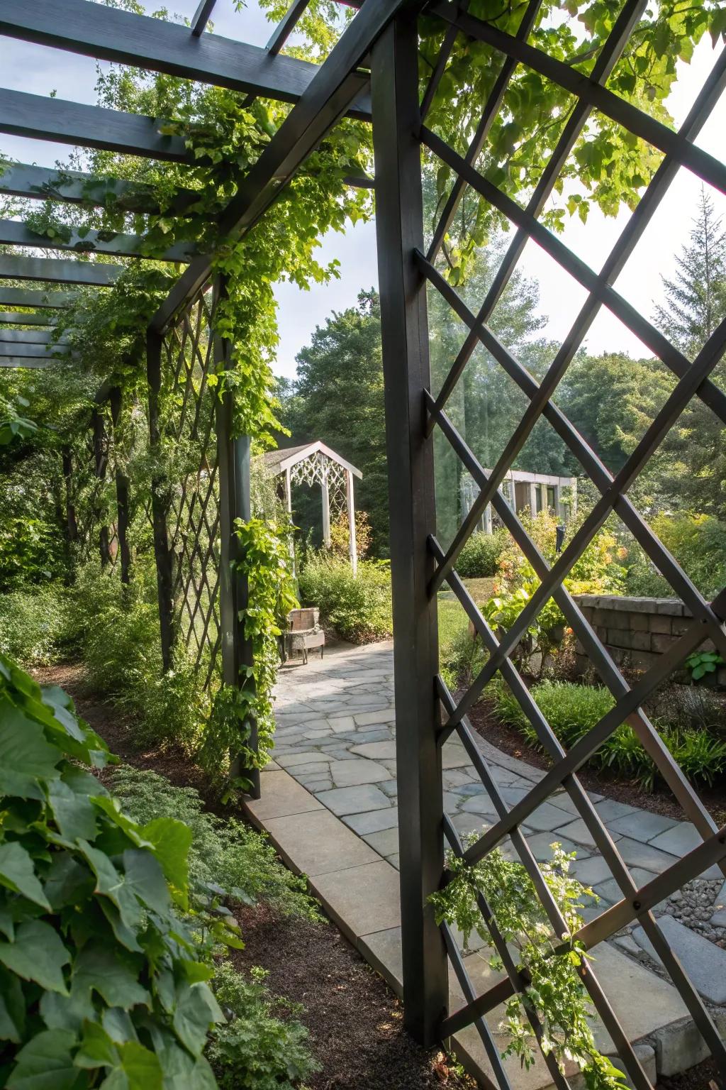 Mirrored trellises creating an illusion of a larger, private garden.