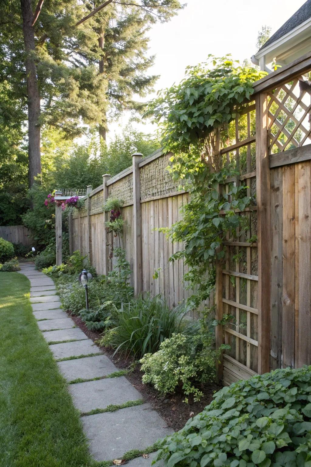 A tall wooden fence enhanced with trellises for added privacy and charm.