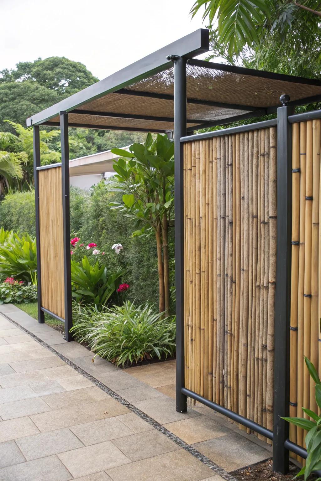 A privacy screen blending bamboo and steel for a distinctive look.
