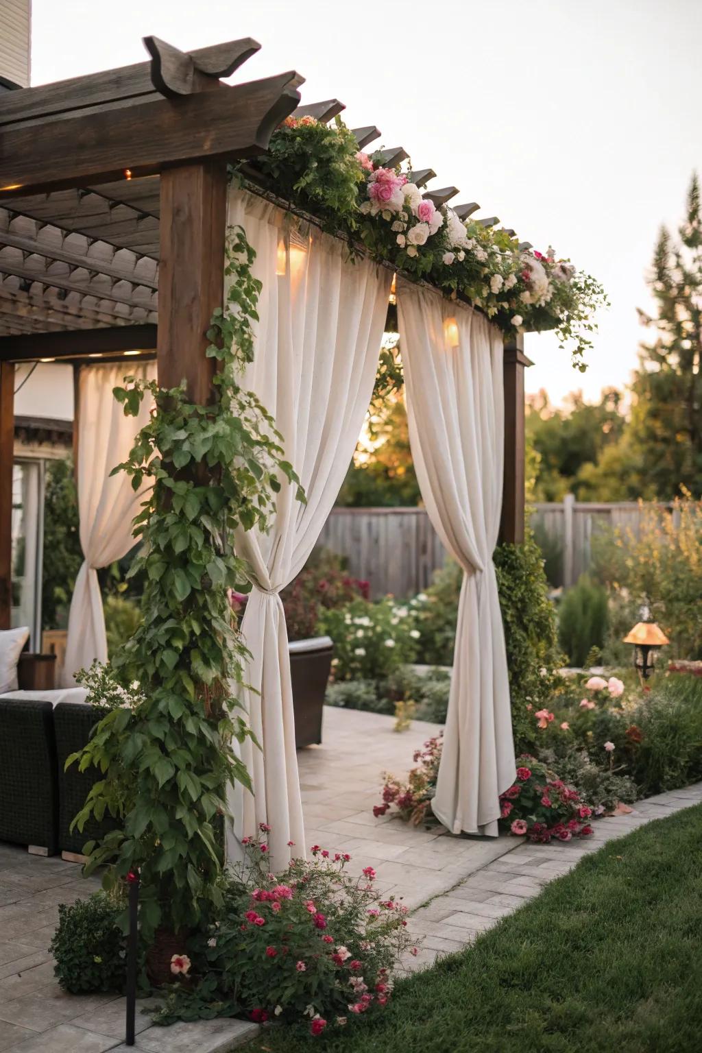 Outdoor curtains adding sophistication and privacy to a pergola.