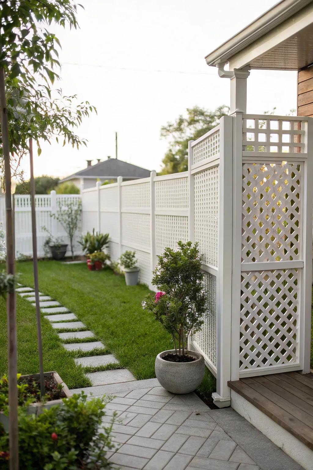 White lattice panels creating a charming privacy screen.