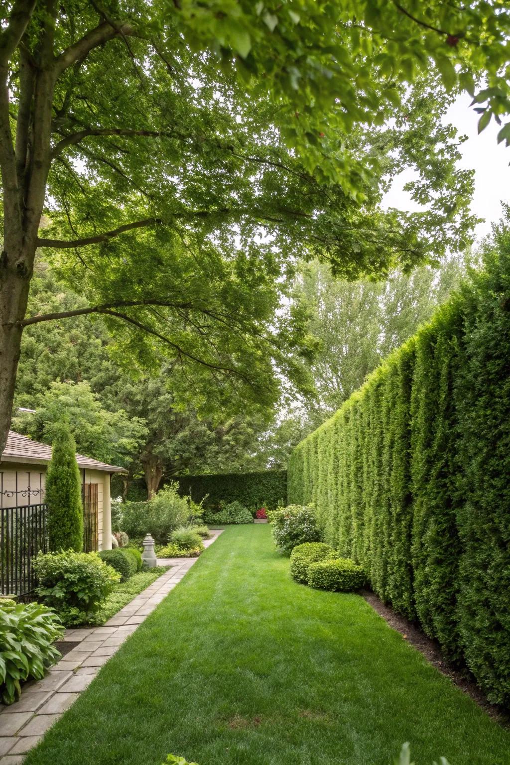 Tall, lush hedges creating a natural privacy barrier in a garden.