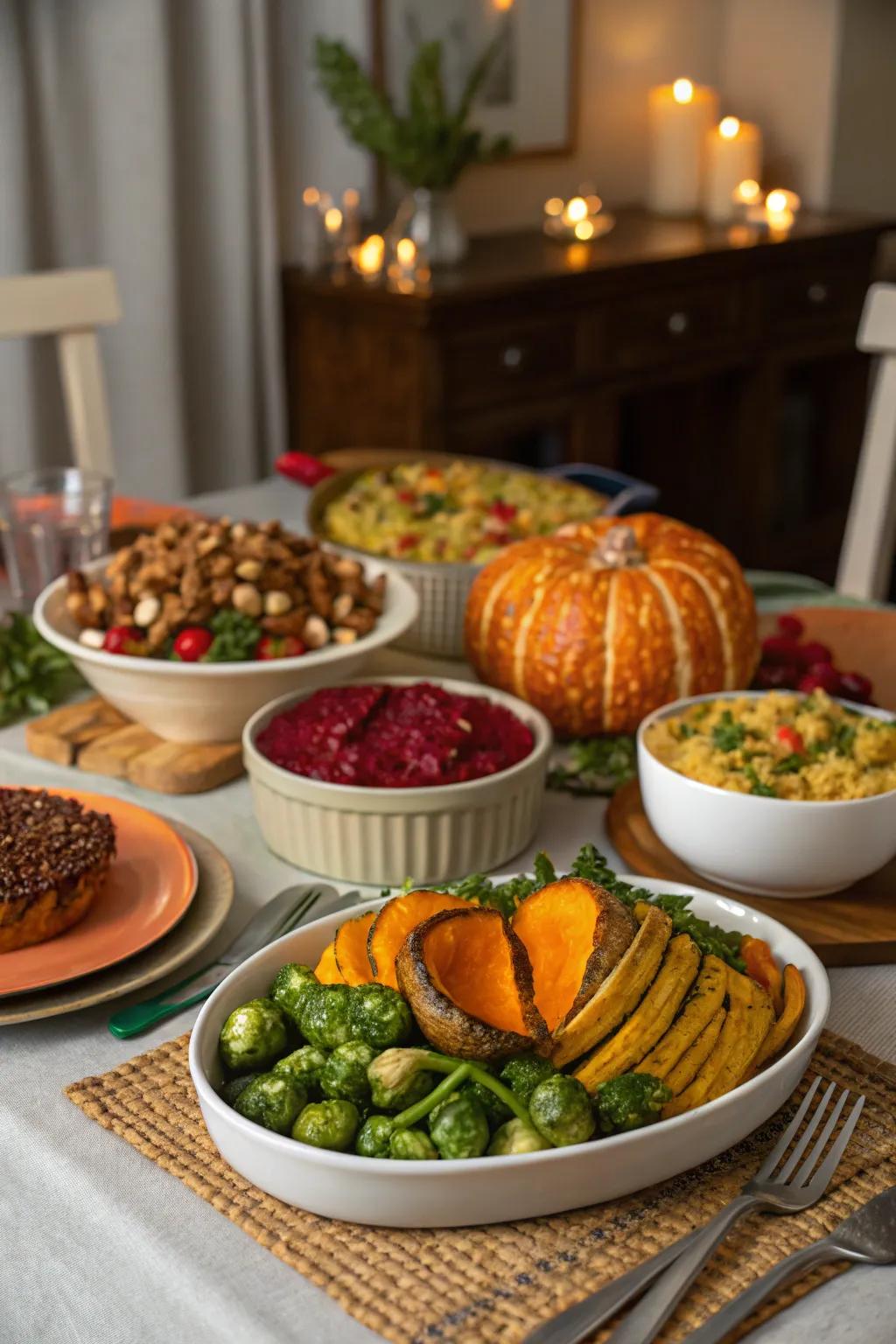 A vibrant plant-based Thanksgiving meal highlighting seasonal flavors.