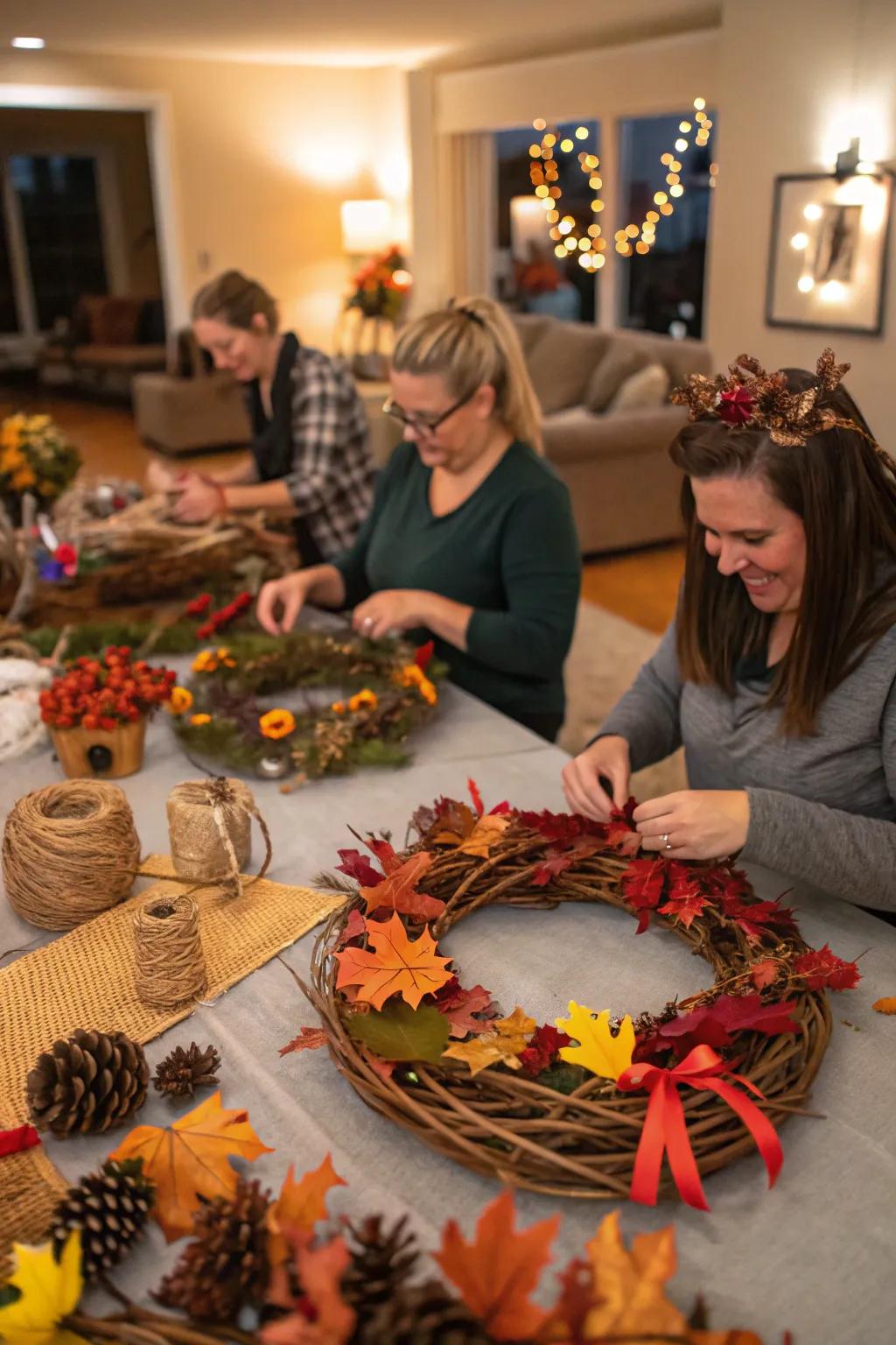 Guests creating custom garlands to enhance Thanksgiving décor.