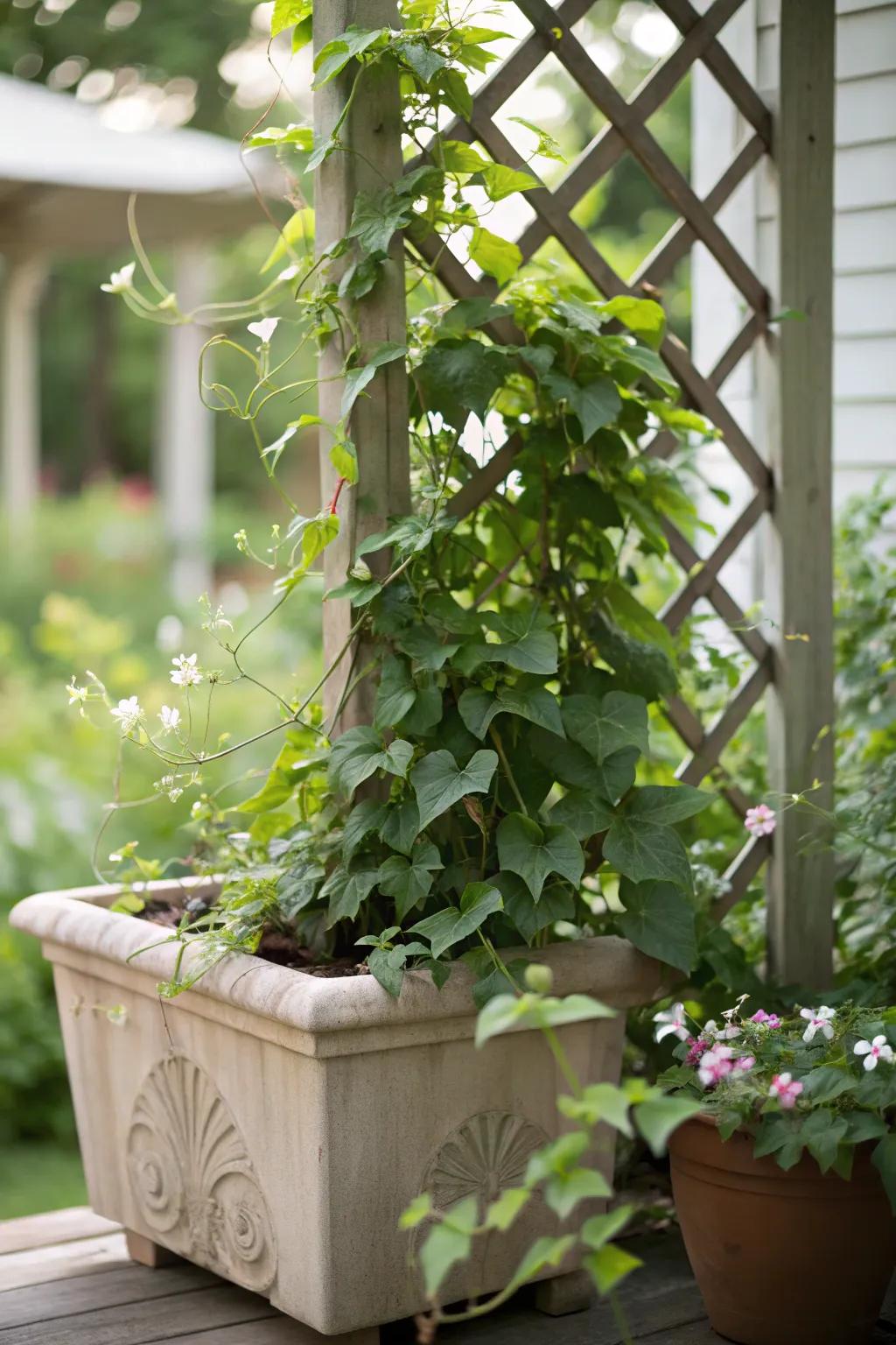 Combine planters and trellises for a multifunctional privacy solution.