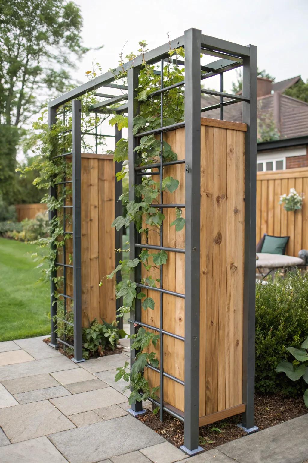 Mix materials for a durable and fashionable privacy trellis.